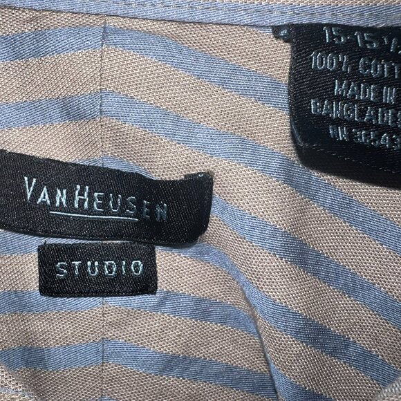 Van Heusen Striped Dress Shirt Men's Medium | Tan & Blue Button Up | Size 15-15. - Picture 2 of 3